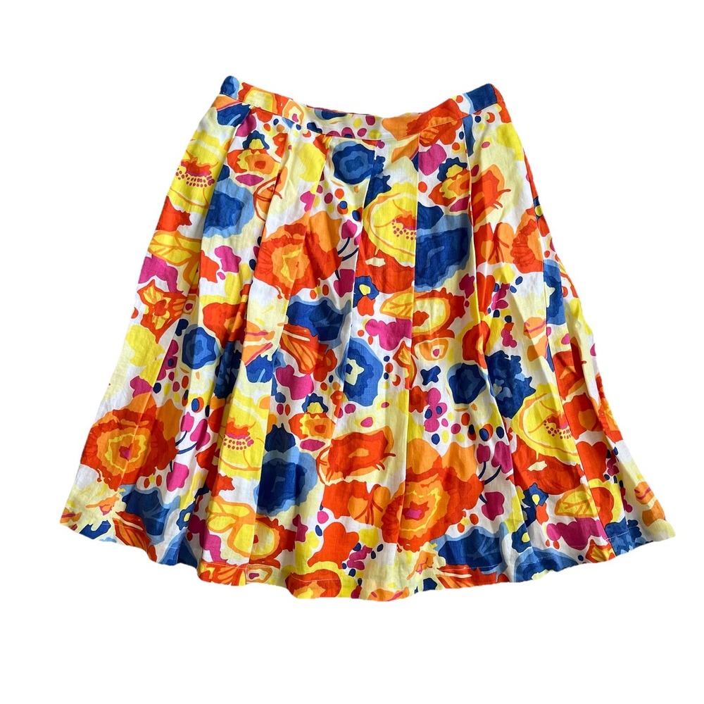 Liz Claiborne Skirt Sz. 12 100% Linen Lined Pleated Floral Resort Y2K
